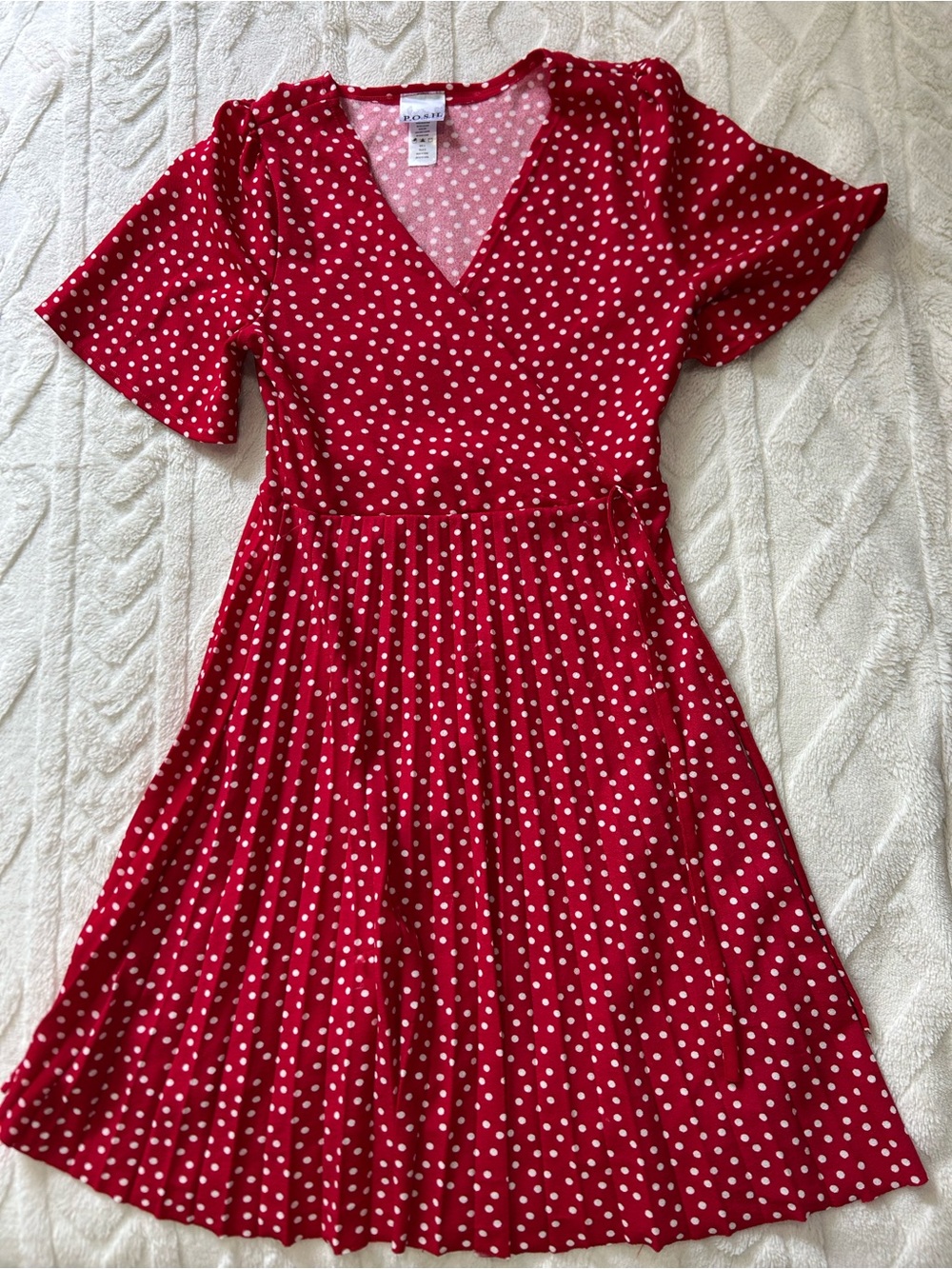 Red Polka Dot Midi Wrap Dress with V-Neck